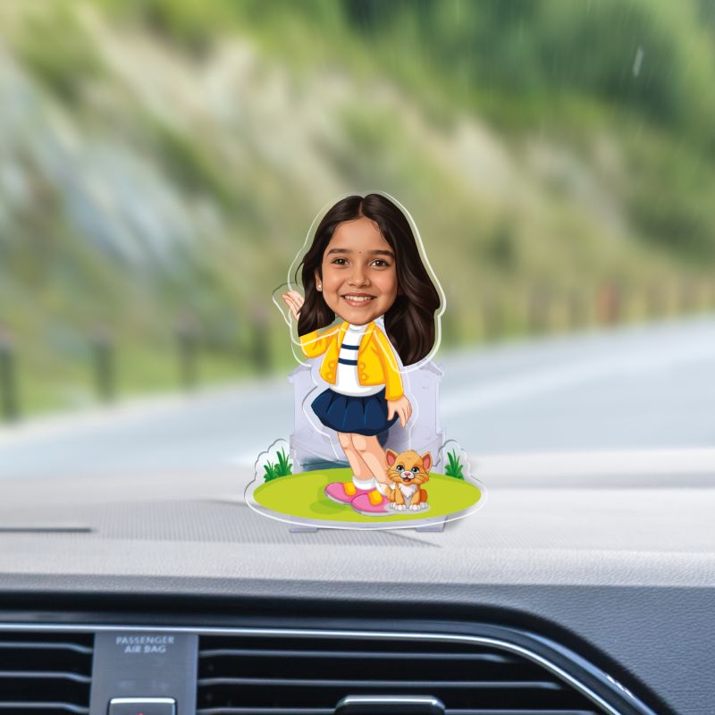 Personalized Cartoon Theme Funny Face Caricature Birthday Return Gift for Kids, Girls & Boys Solar Powered Moving Head for Car Dashboard & Table Decor (Girl with Cat)